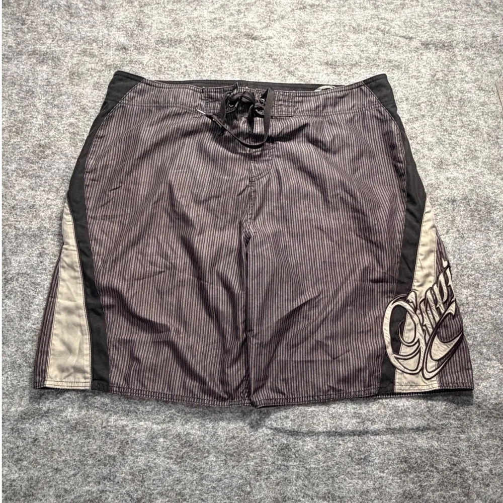 Vintage Y2K ONeill Mens 38 Pinstripe Board Shorts Black Grey Embroidered Logo